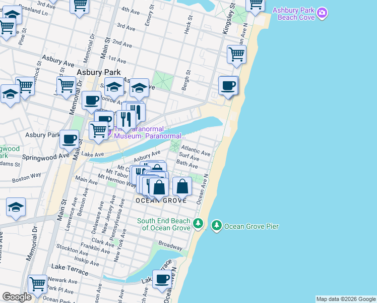 map of restaurants, bars, coffee shops, grocery stores, and more near 21 Surf Avenue in Neptune Township