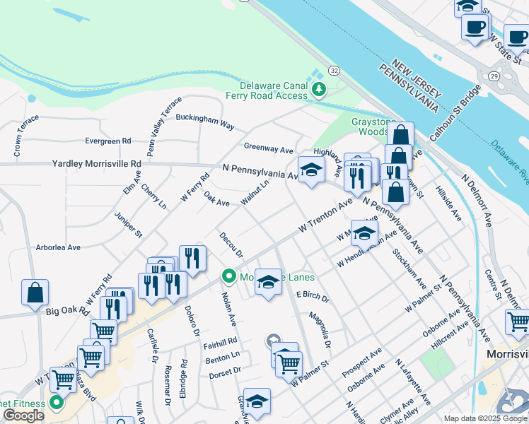 map of restaurants, bars, coffee shops, grocery stores, and more near 44 Burgess Avenue in Yardley