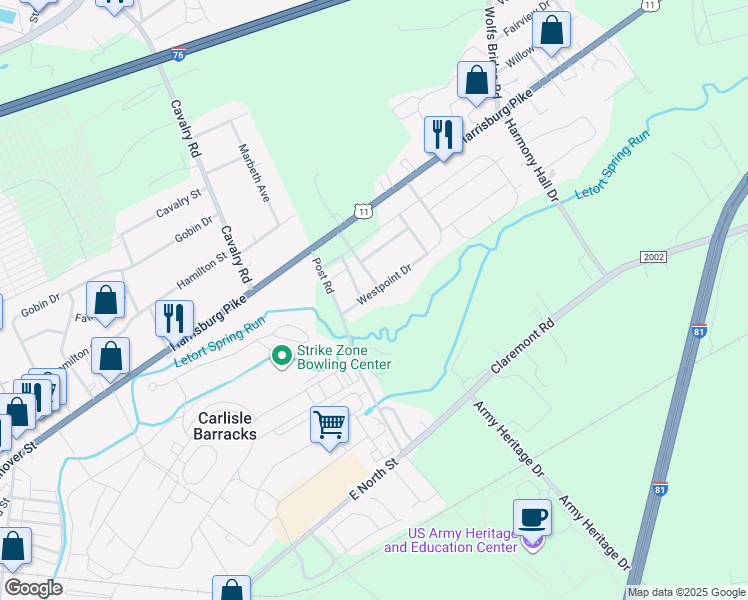map of restaurants, bars, coffee shops, grocery stores, and more near 131 Westpoint Drive in Carlisle