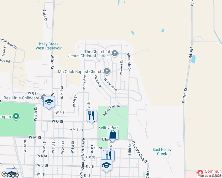 map of restaurants, bars, coffee shops, grocery stores, and more near 201-399 Park Ave in McCook