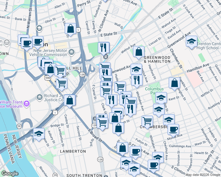 map of restaurants, bars, coffee shops, grocery stores, and more near 326 South Clinton Avenue in Trenton