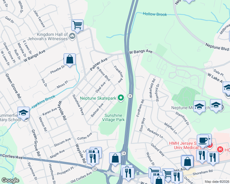 map of restaurants, bars, coffee shops, grocery stores, and more near 307 Monmouth Avenue in Neptune City