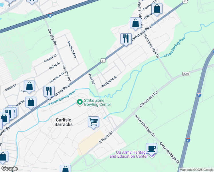 map of restaurants, bars, coffee shops, grocery stores, and more near 147 Westpoint Drive in Carlisle