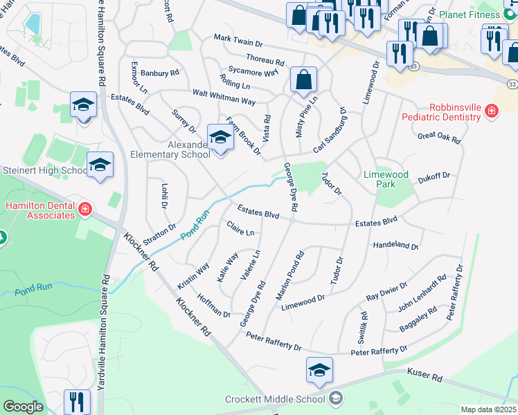 map of restaurants, bars, coffee shops, grocery stores, and more near 1080 Estates Boulevard in Hamilton Township