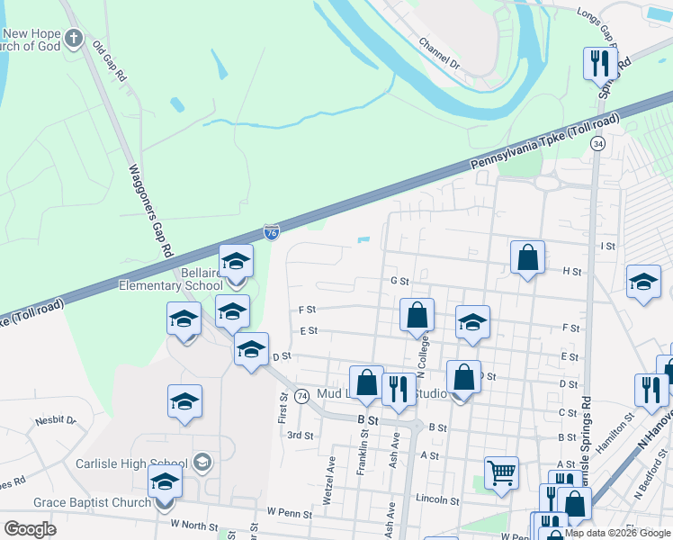map of restaurants, bars, coffee shops, grocery stores, and more near 1033 Northfield Drive in Carlisle