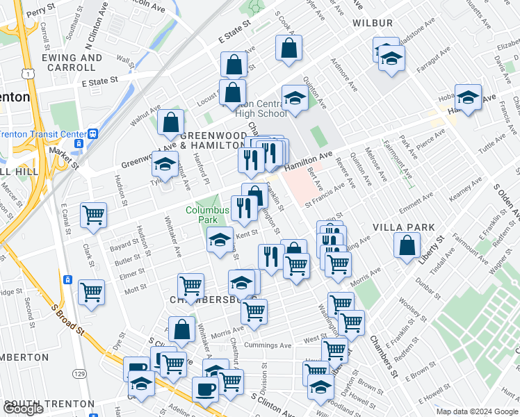 map of restaurants, bars, coffee shops, grocery stores, and more near 36 Anderson Street in Trenton