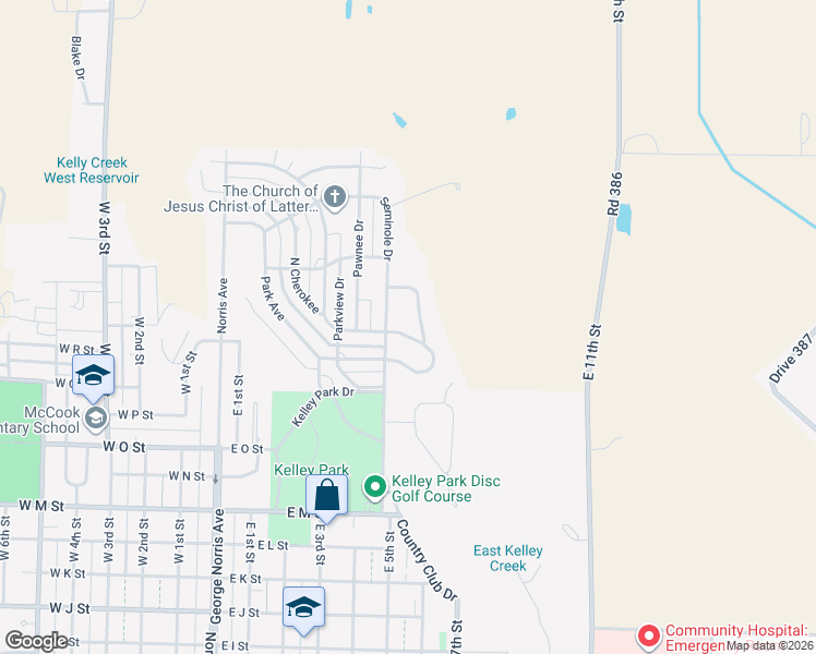 map of restaurants, bars, coffee shops, grocery stores, and more near 110-198 North Cherokee in McCook