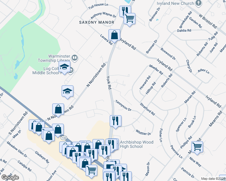 map of restaurants, bars, coffee shops, grocery stores, and more near 885 York Road in Warminster