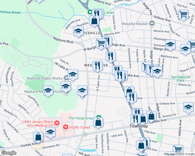 map of restaurants, bars, coffee shops, grocery stores, and more near 2102 Rutherford Avenue in Neptune City