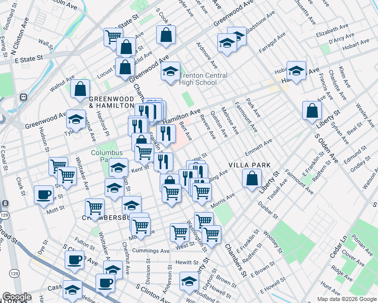map of restaurants, bars, coffee shops, grocery stores, and more near 229 Commonwealth Avenue in Trenton