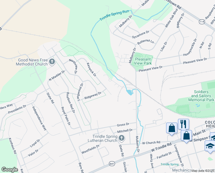map of restaurants, bars, coffee shops, grocery stores, and more near 87 Keswick Drive in Mechanicsburg
