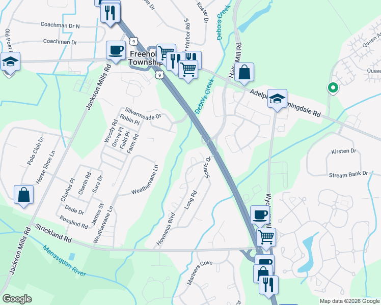 map of restaurants, bars, coffee shops, grocery stores, and more near 20-1 Augusta Court in Freehold Township