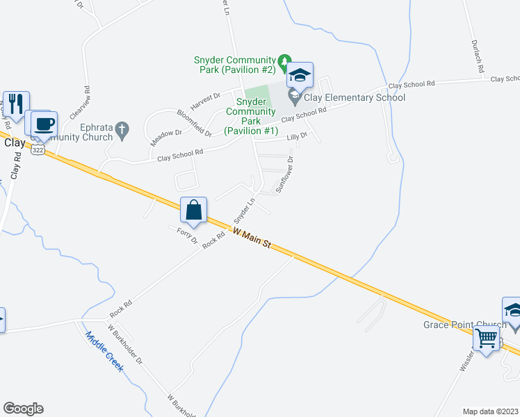 map of restaurants, bars, coffee shops, grocery stores, and more near 55 Snyder Lane in Ephrata