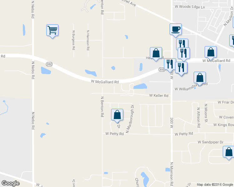 map of restaurants, bars, coffee shops, grocery stores, and more near 5502 West Keller Road in Muncie