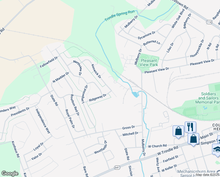 map of restaurants, bars, coffee shops, grocery stores, and more near Keswick Drive in Mechanicsburg