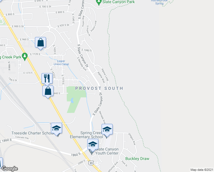 map of restaurants, bars, coffee shops, grocery stores, and more near 1397 Alpine Way in Provo