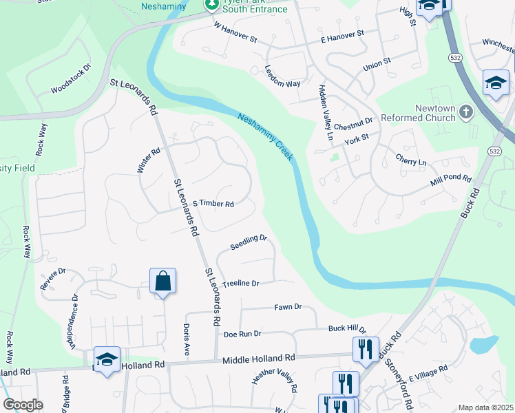 map of restaurants, bars, coffee shops, grocery stores, and more near 28 Mulberry Drive in Bucks County