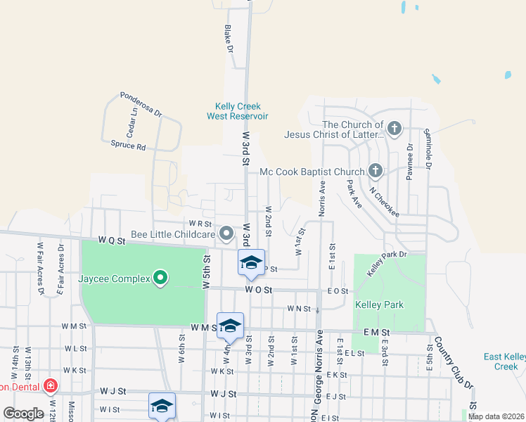 map of restaurants, bars, coffee shops, grocery stores, and more near 300-350 West S Street in McCook