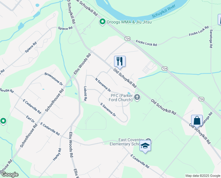 map of restaurants, bars, coffee shops, grocery stores, and more near 56 North Savanna Drive in Pottstown