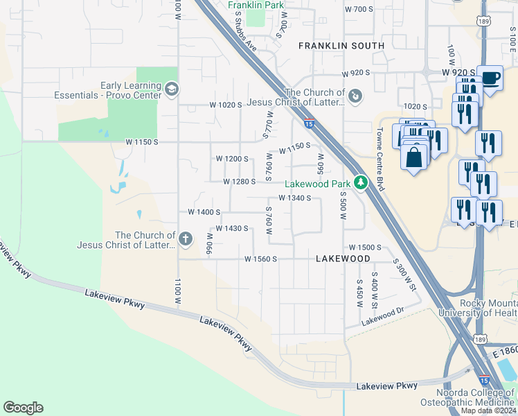 map of restaurants, bars, coffee shops, grocery stores, and more near 794 West 1400 South in Provo