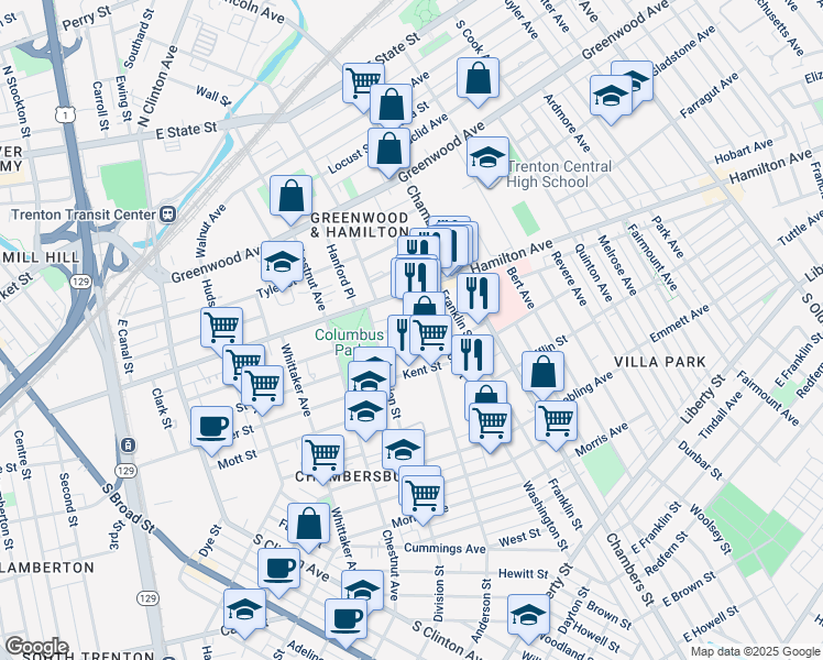 map of restaurants, bars, coffee shops, grocery stores, and more near 51 Charles Street in Trenton