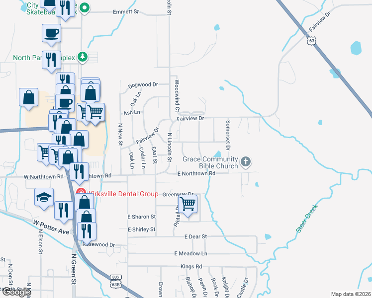 map of restaurants, bars, coffee shops, grocery stores, and more near 2201 Crestline Drive in Kirksville