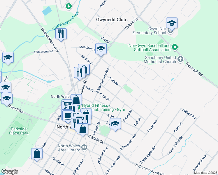 map of restaurants, bars, coffee shops, grocery stores, and more near 218 South 8th Street in North Wales
