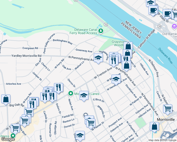 map of restaurants, bars, coffee shops, grocery stores, and more near 44 Burgess Avenue in Yardley