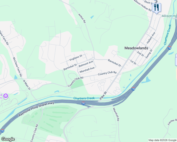map of restaurants, bars, coffee shops, grocery stores, and more near 300 Country Club Road in Meadowlands