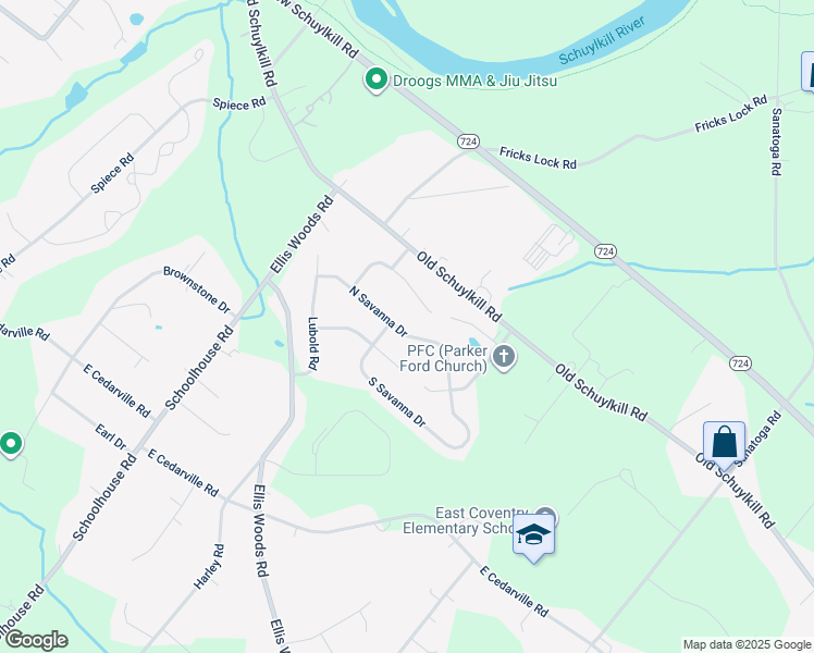 map of restaurants, bars, coffee shops, grocery stores, and more near 56 North Savanna Drive in Pottstown