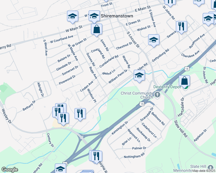 map of restaurants, bars, coffee shops, grocery stores, and more near 33 William Penn Drive in Camp Hill