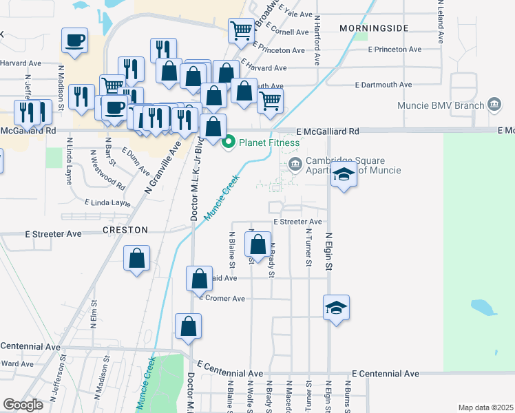 map of restaurants, bars, coffee shops, grocery stores, and more near 2529 North Elgin Street in Muncie