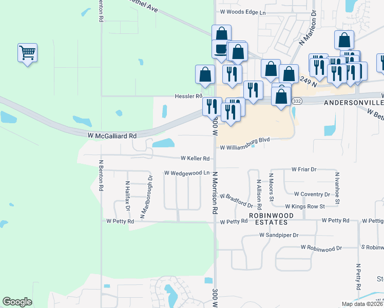 map of restaurants, bars, coffee shops, grocery stores, and more near 5003 West Keller Road in Muncie