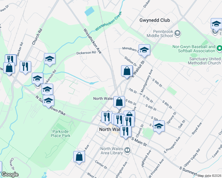 map of restaurants, bars, coffee shops, grocery stores, and more near 450 Beaver Street in North Wales