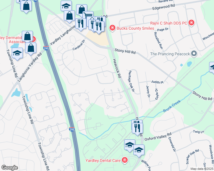 map of restaurants, bars, coffee shops, grocery stores, and more near 1661A Bluebird Drive in Yardley