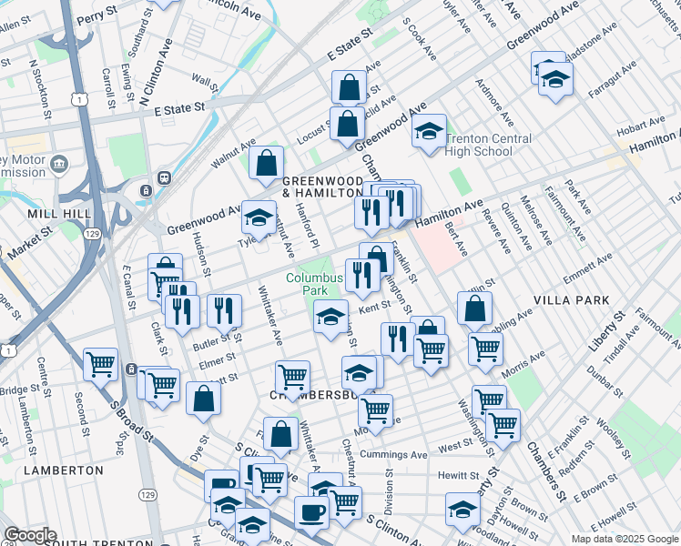map of restaurants, bars, coffee shops, grocery stores, and more near 28 Division Street in Trenton