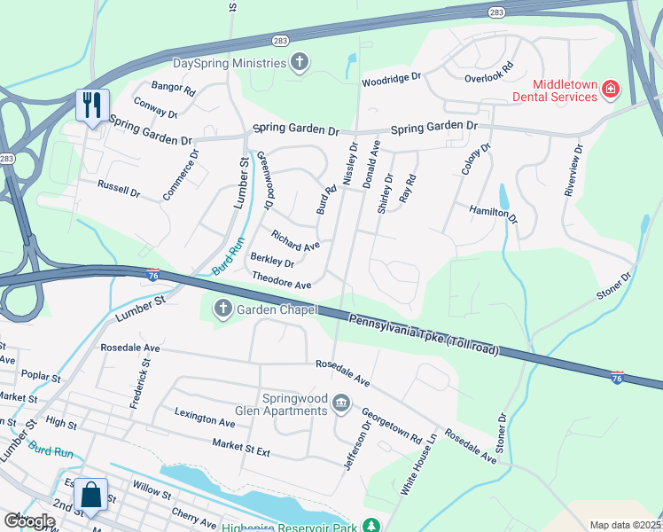 map of restaurants, bars, coffee shops, grocery stores, and more near 4 Nissley Drive in Middletown
