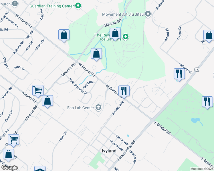 map of restaurants, bars, coffee shops, grocery stores, and more near 266 West Bristol Road in Ivyland