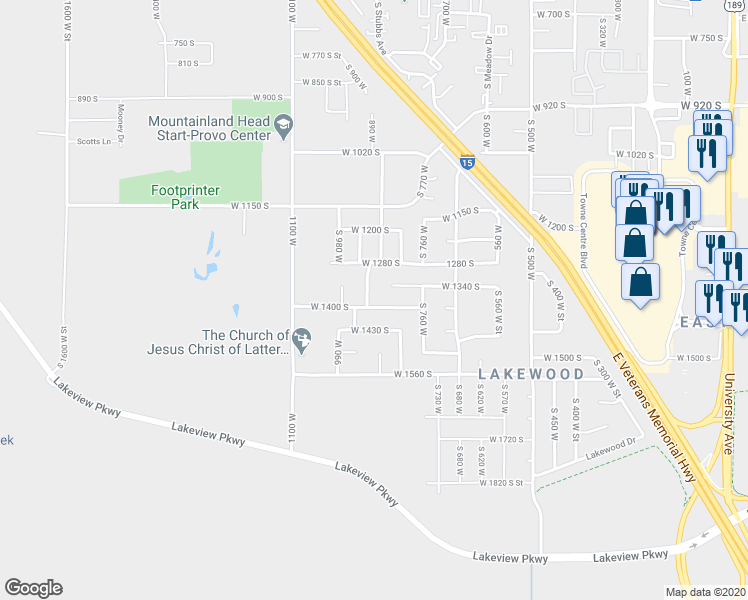 map of restaurants, bars, coffee shops, grocery stores, and more near 841 West 1400 South in Provo