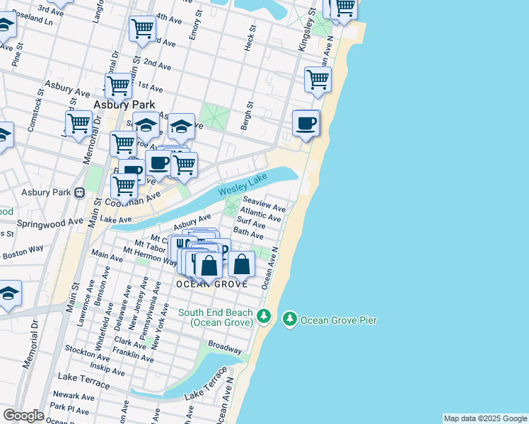 map of restaurants, bars, coffee shops, grocery stores, and more near 21 Surf Avenue in Neptune Township