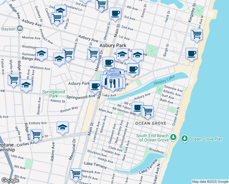 map of restaurants, bars, coffee shops, grocery stores, and more near 612 Cookman Avenue in Asbury Park