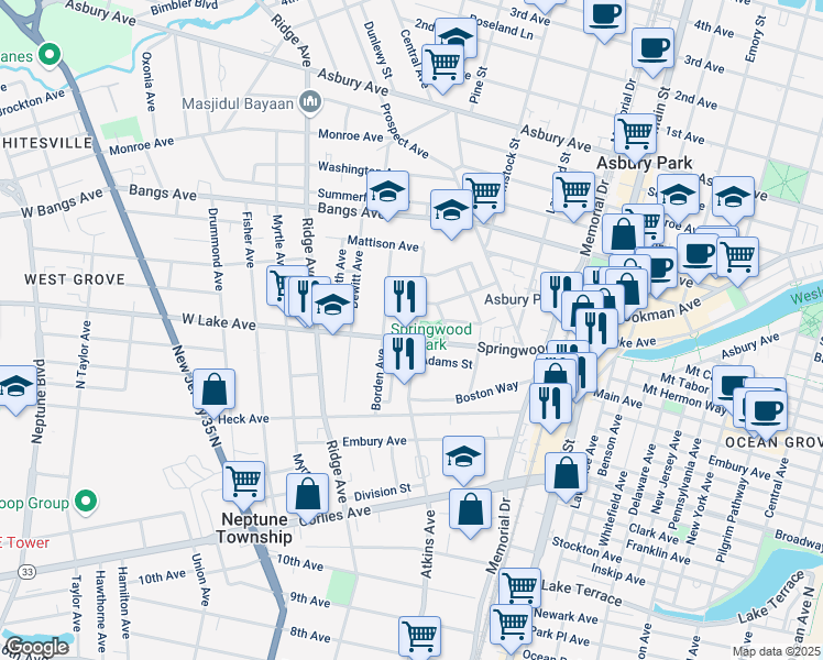 map of restaurants, bars, coffee shops, grocery stores, and more near in Asbury Park