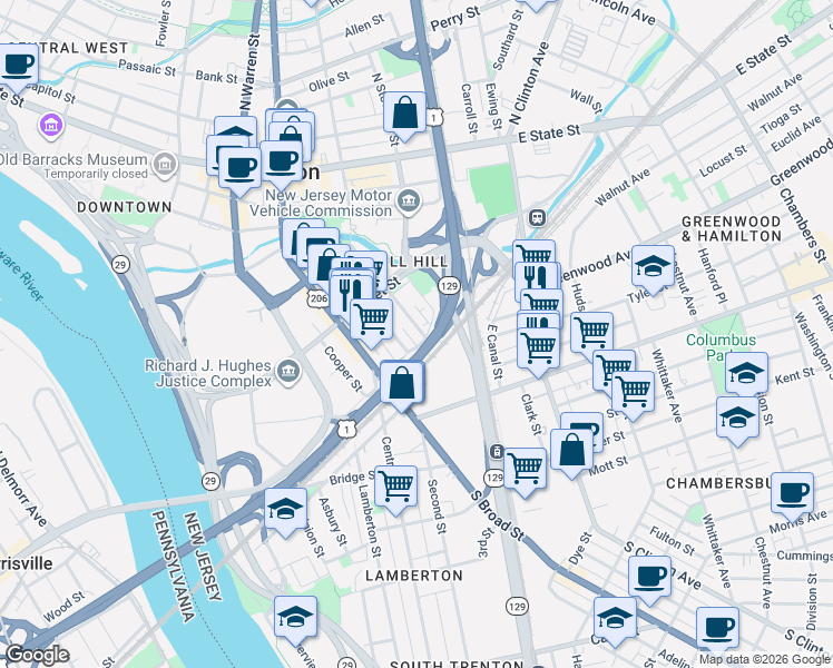 map of restaurants, bars, coffee shops, grocery stores, and more near 261 Mercer Street in Trenton