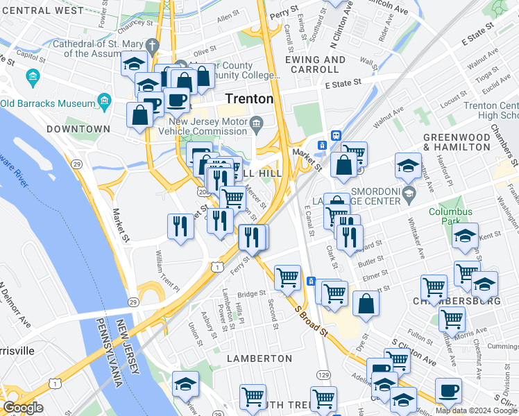 map of restaurants, bars, coffee shops, grocery stores, and more near 261 Mercer Street in Trenton