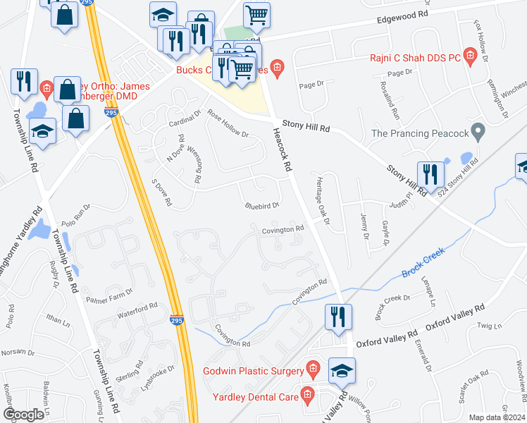 map of restaurants, bars, coffee shops, grocery stores, and more near 1661A Bluebird Drive in Yardley