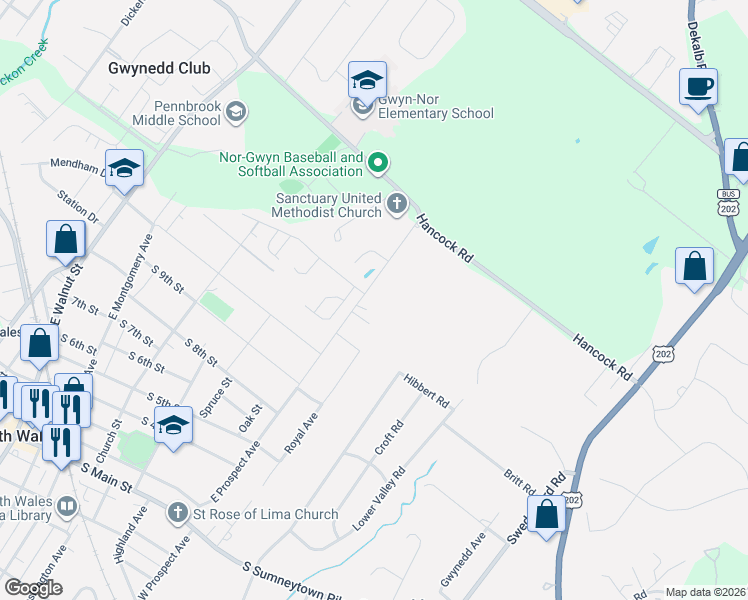 map of restaurants, bars, coffee shops, grocery stores, and more near 1315 East Prospect Avenue in North Wales