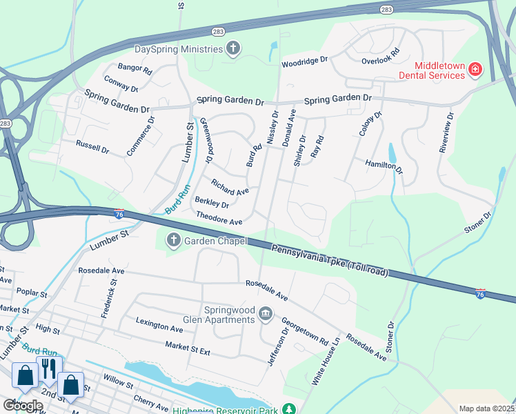 map of restaurants, bars, coffee shops, grocery stores, and more near 4 Nissley Drive in Middletown