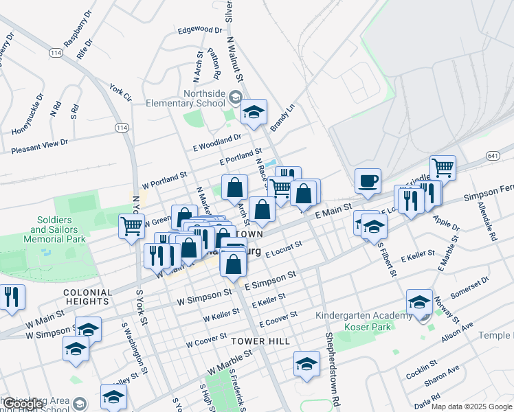 map of restaurants, bars, coffee shops, grocery stores, and more near 115 East Strawberry Alley in Mechanicsburg
