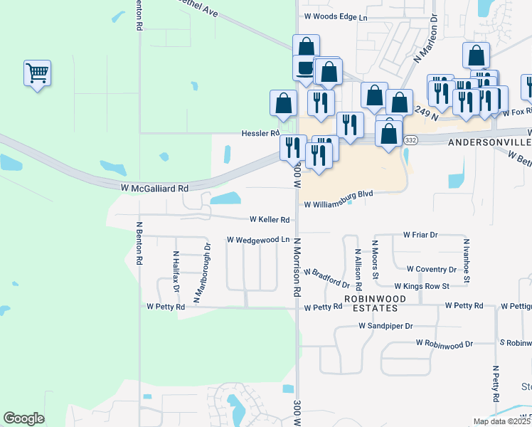 map of restaurants, bars, coffee shops, grocery stores, and more near 5003 West Keller Road in Muncie