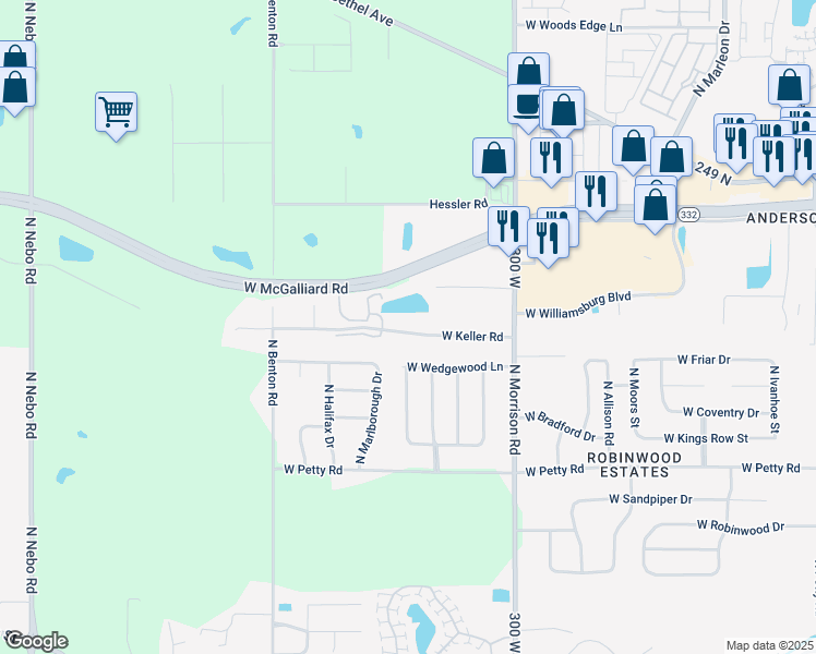 map of restaurants, bars, coffee shops, grocery stores, and more near 5229 West Keller Road in Muncie